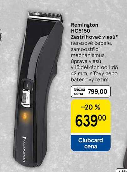 Remington HC5150 Zastřihovač vlasů, nerezové čepele. samoostřicí mechanismus. úprava vlasů v 15 délkách od 1 do 42 mm, síťový nebo bateriový režim