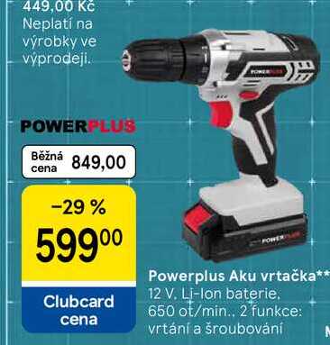 Powerplus Aku vrtačka, 12 V. Li-Ion baterie. 650 ot/min.. 2 funkce: vrtání a šroubování