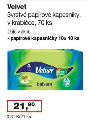 Velvet 3vrstvé papírové kapesníky, 70 ks