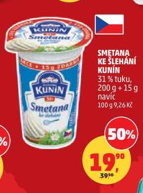 SMETANA KE ŠLEHÁNÍ KUNIN 31% tuku, 200 g + 15g navíc