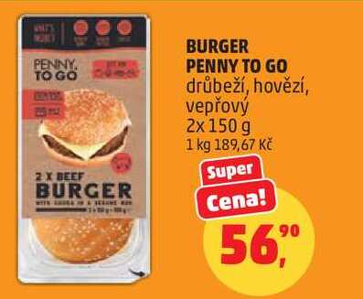 BURGER PENNY TO GO drůbeží, 2x 150 g