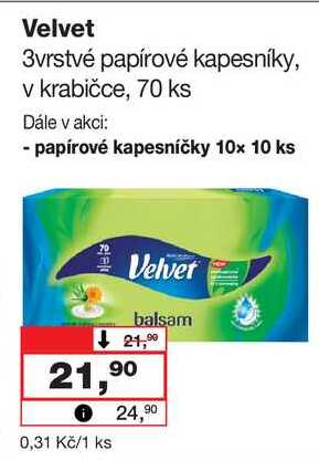 Velvet 3vrstvé papírové kapesníky, 70 ks