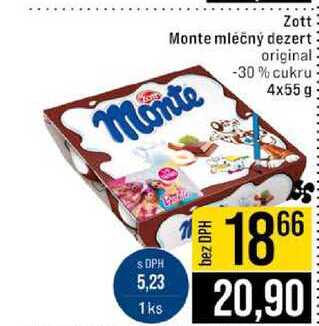 Zott Monte mléčný dezert original -30% cukru 4x55 g 