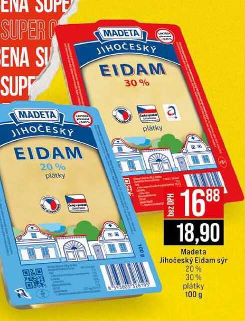 Madeta Jihočeský Eidam sýr 20% 30% plátky 100 g