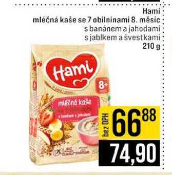 Hami mléčná kaše se 7 obilninami 8 měsíc s banánem a jahodami s jablkem a švestkami 210 g