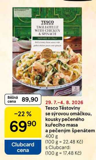 Tesco Těstoviny se sýrovou omáčkou, kousky pečeného kuřecího masa a pečeným špenátem, 400 g 