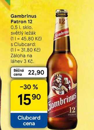 Gambrinus Patron 12, 0,5 l, sklo, světlý ležák  