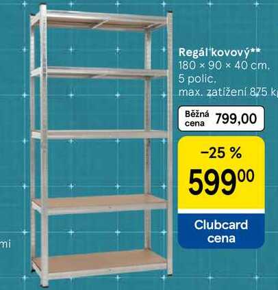 Regál kovový, 180 x 90 x 40 cm. 5 polic, max. zatížení 875 kg