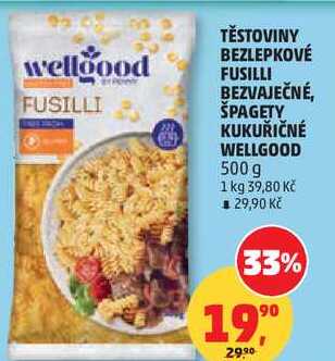 TĚSTOVINY BEZLEPKOVÉ FUSILLI BEZVAJEČNÉ, ŠPAGETY KUKUŘIČNÉ WELLGOOD, 500 g 