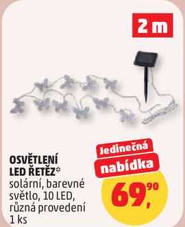 OSVĚTLENÍ LED ŘETĚZ solární, barevné světlo, 10 LED, 1 ks 