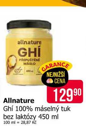 Allnature Ghí 100% máselný tuk bez laktózy 450 ml