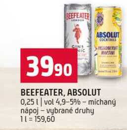 BEEFEATER, ABSOLUT 0,25l vol 4,9-5% michaný nápoj vybrané druhy 