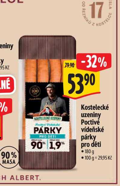 Kostelecké uzeniny Poctivé vídeňské párky pro děti 180 g