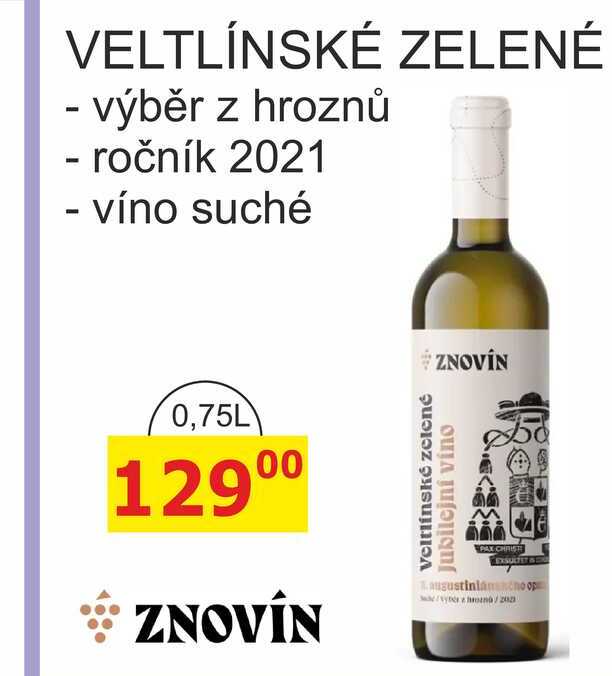 ZNOVÍN ZNOJMO 0,75L VELTLÍNSKÉ ZELENÉ - výběr z hroznů ročník 2021 - víno suché 