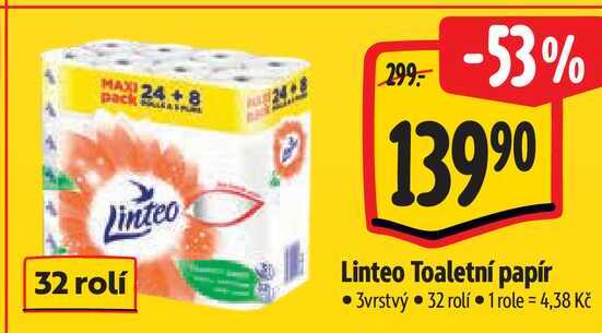 Linteo Toaletní papír, 3vrstvý, 32 rolí
