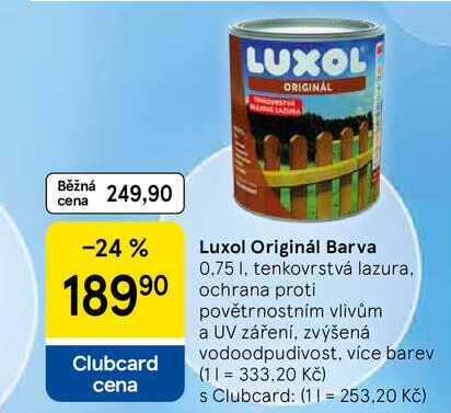Luxol Originál Barva, 0.75 l, tenkovrstvá lazura, ochrana proti povětrnostním vlivům a UV záření, zvýšená vodoodpudivost