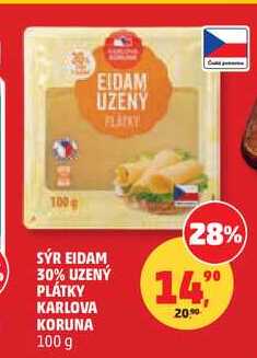 SÝR EIDAM 30% UZENÝ PLÁTKY KARLOVA KORUNA, 100 g
