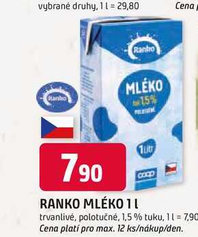 RANKO MLÉKO 1l trvanlivé, polotučné, 1,5 % tuku