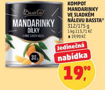 KOMPOT MANDARINKY VE SLADKÉM NÁLEVU BASSTA, 312/175 g