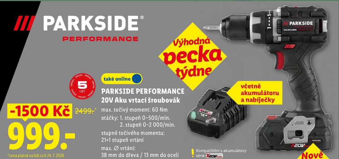 PARKSIDE PERFORMANCE 20V Aku vrtací šroubovák