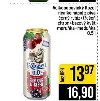 Velkopopovický Kozel nealko nápoj z piva černý rybíz+třešeň citron+bezový květ meruňka+meduňka 0,5l