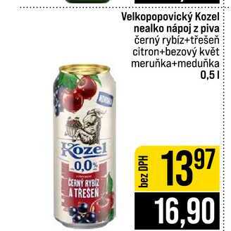 Velkopopovický Kozel nealko nápoj z piva černý rybíz+třešeň citron+bezový květ meruňka+meduňka 0,5l