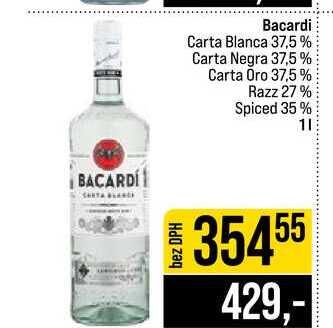 Bacardi Carta Blanca 37,5% Carta Negra 37,5% Carta Oro 37,5% Razz 27% Spiced 35% 1l