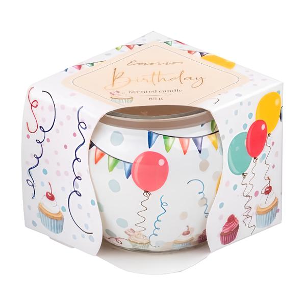 Emocio Birthday, vonná svíčka, sklo dekor 70x62 mm