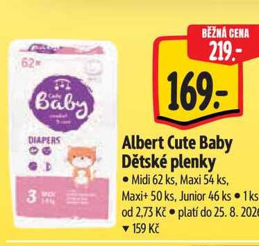  Albert Cute Baby Dětské plenky Midi 62 ks, Maxi 54 ks, Maxi+ 50 ks, Junior 46 ks 
