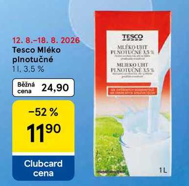 Tesco Mléko plnotučné, 1 l