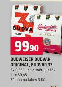 BUDWEISER BUDVAR ORIGINAL, BUDVAR 33 6x 0,33l pivo světlý ležák