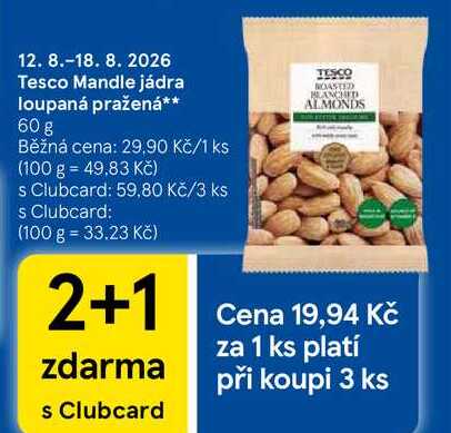Tesco Mandle jádra loupaná pražená, 60 g