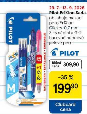 Pilot Frixion Sada, obsahuje mazací pero Frixion Clicker 0,7 mm. 3 ks náplní a G-2 barevné neonové gelové pero