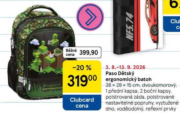 Paso Dětský ergonomický batoh, 38 x 28 x 15 cm, dvoukomorový. 1 přední kapsa. 2 boční kapsy, polstrovaná záda, polstrované nastavitelné popruhy, vyztužené dno, voděodolný, reflexní prvky