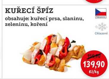 KUŘECÍ ŠPÍZ obsahuje: kuřecí prsa, slaninu, zeleninu, koření 1kg 