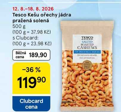 Tesco Kešu ořechy jádra pražená solená, 500 g
