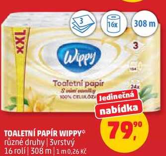 TOALETNÍ PAPÍR WIPPY různé druhy, 3vrstvý, 16 rolí   