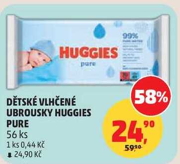 DĚTSKÉ VLHČENÉ UBROUSKY HUGGIES PURE, 56 ks