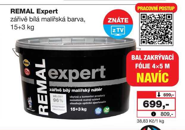 REMAL Expert zářivě bílá malířská barva, 15+3 kg