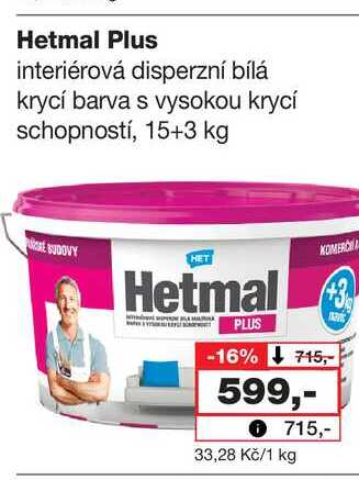 Hetmal Plus interiérová disperzní bílá krycí barva s vysokou krycí schopností, 15+3 kg