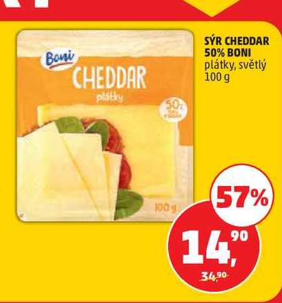 SÝR CHEDDAR 50% BONI plátky, světlý 100 g