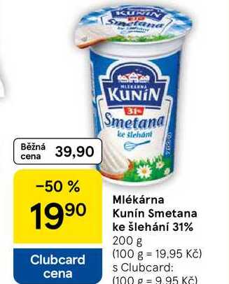 Mlékárna Kunín Smetana ke šlehání 31%, 200 g 
