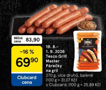 Tesco Grill Master Párečky na gril, 270 g, více druhů, balené
