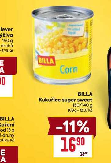 BILLA Kukuřice super sweet 150/140 g 