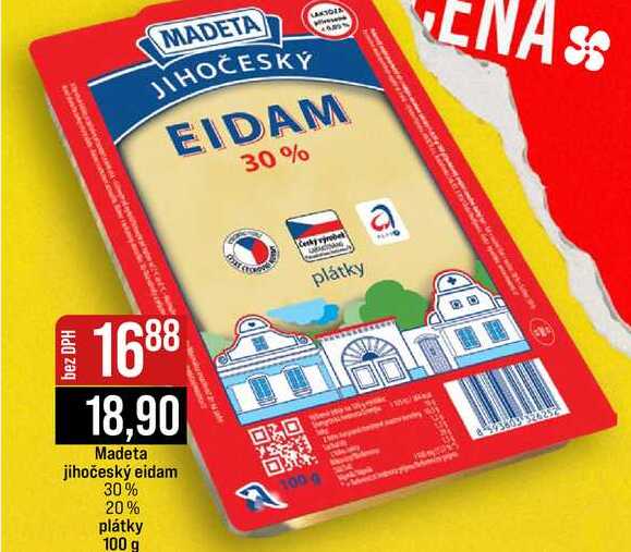 Madeta jihočeský eidam 30% 20% plátky 100 g