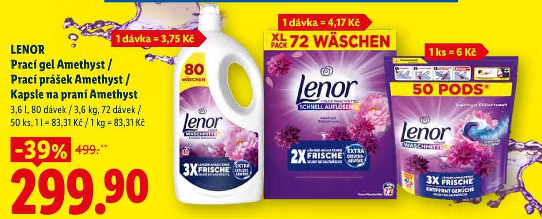 LENOR Prací gel Amethyst / Prací prášek Amethyst / Kapsle na praní Amethyst 3,6 1, 80 dávek / 3,6 kg, 72 dávek / 50 ks