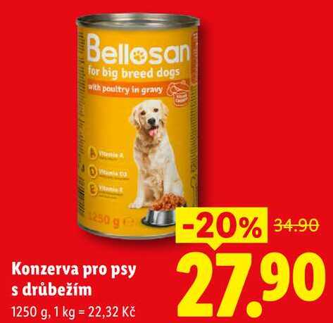 Konzerva pro psy s drůbežím, 1250 g
