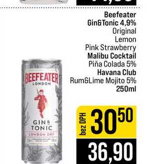Beefeater Gin&Tonic 4,9% Original Lemon Pink Strawberry Malibu Cocktail Piña Colada 5% Havana Club Rum&Lime Mojito 5% 250ml 