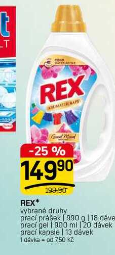 REX* vybrané druhy prací prášek | 990 g | 18 dáve prací gel | 900 ml | 20 dávek prací kapsle 13 dávek