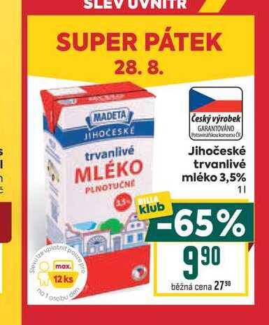 Jihočeské trvanlivé mléko 3,5% 1l